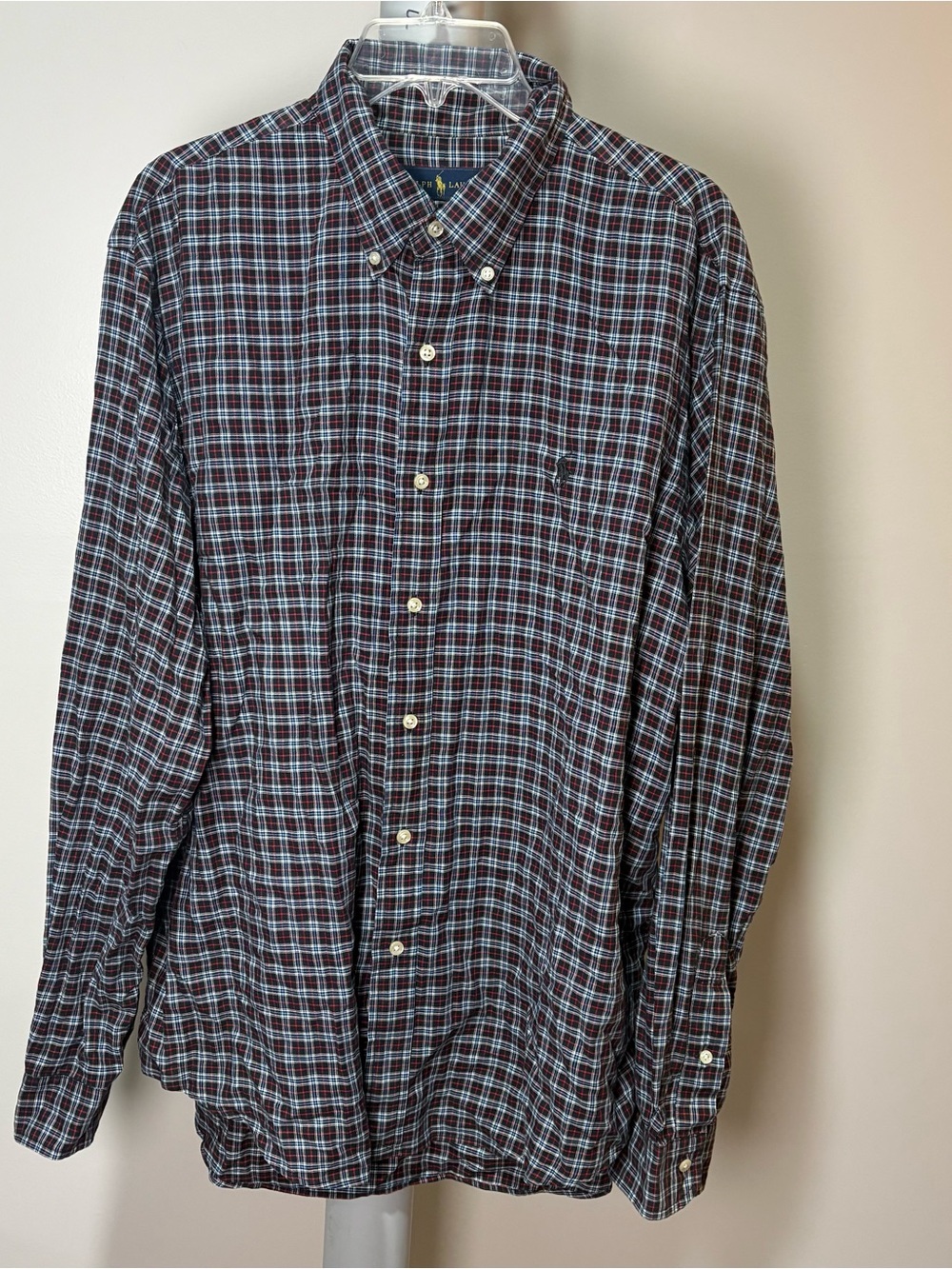 Ralph Lauren Men's XL Black‎ Red Blue Plaid Long Sleeve Button Up Shirt Preppy
